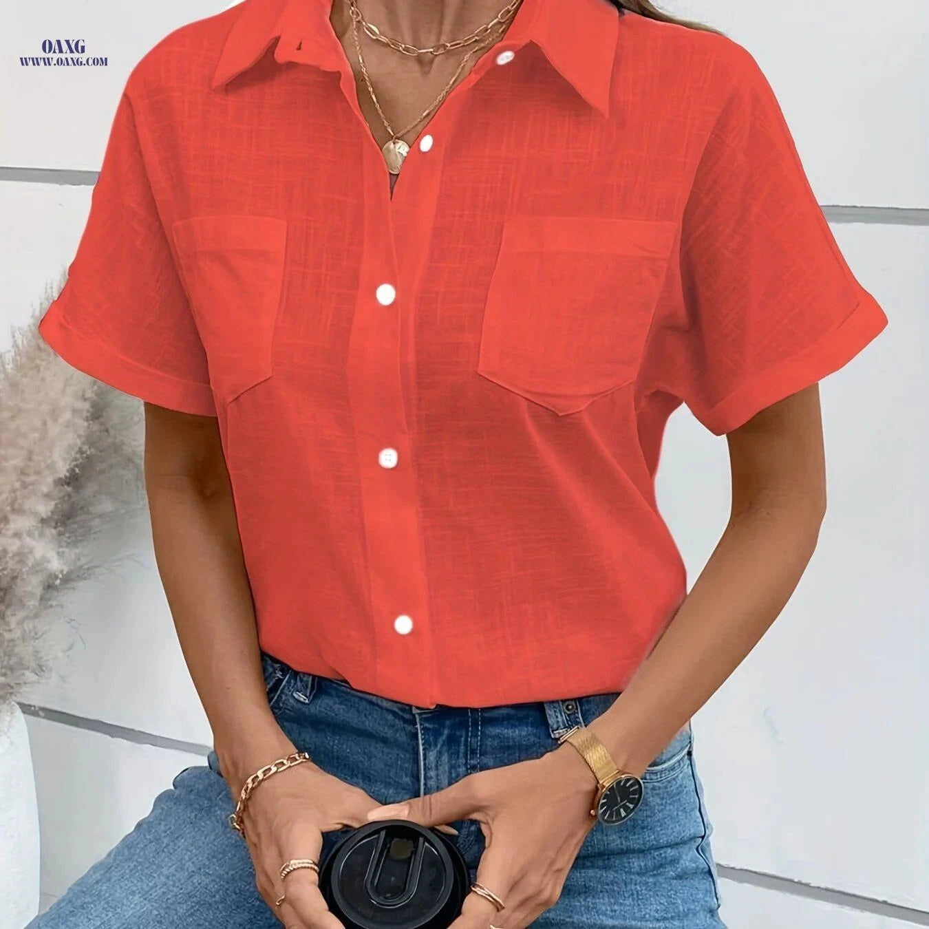 Casual Short Sleeve Slub Blouse - Double Pocket Cotton Top   OAXG White / S