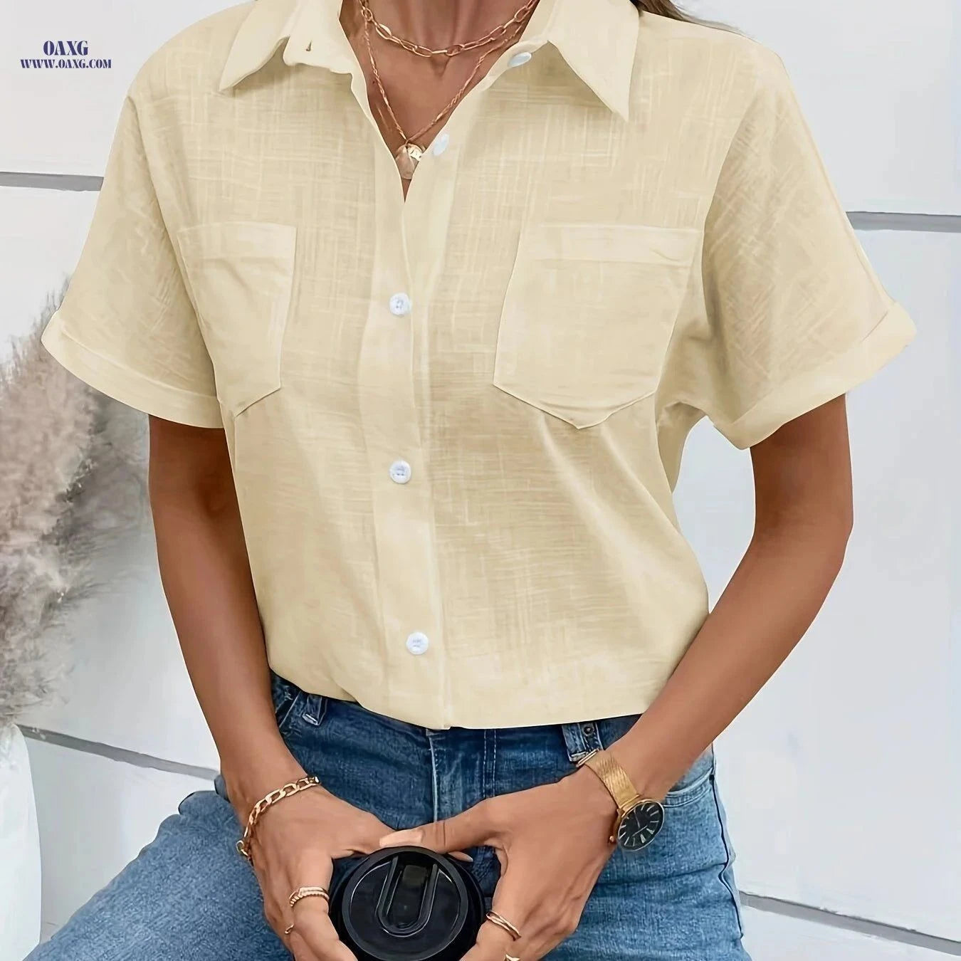 Casual Short Sleeve Slub Blouse - Double Pocket Cotton Top   OAXG White / S