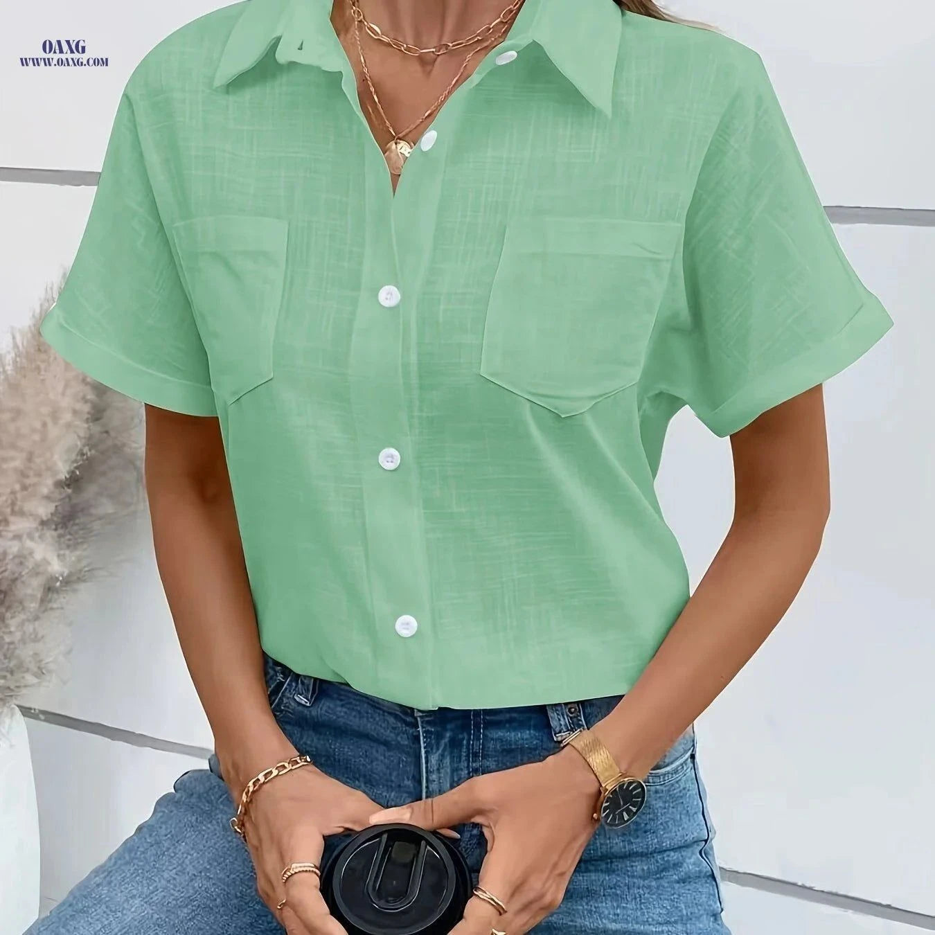 Casual Short Sleeve Slub Blouse - Double Pocket Cotton Top   OAXG White / S