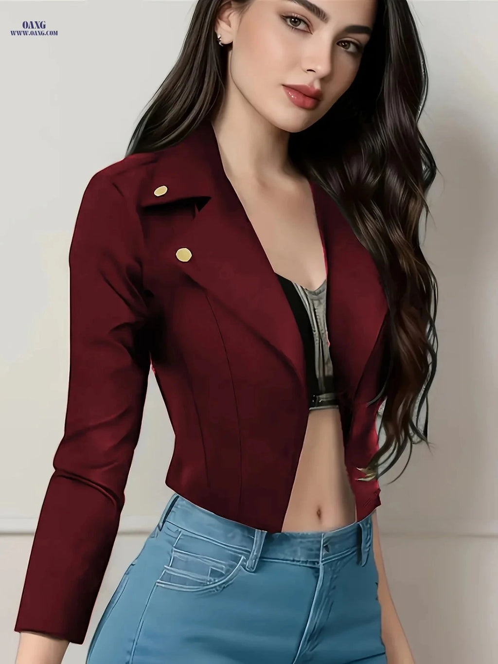 Casual Solid Color Blazer for Women - Long Sleeve Spring/Fall Style   OAXG Red / S