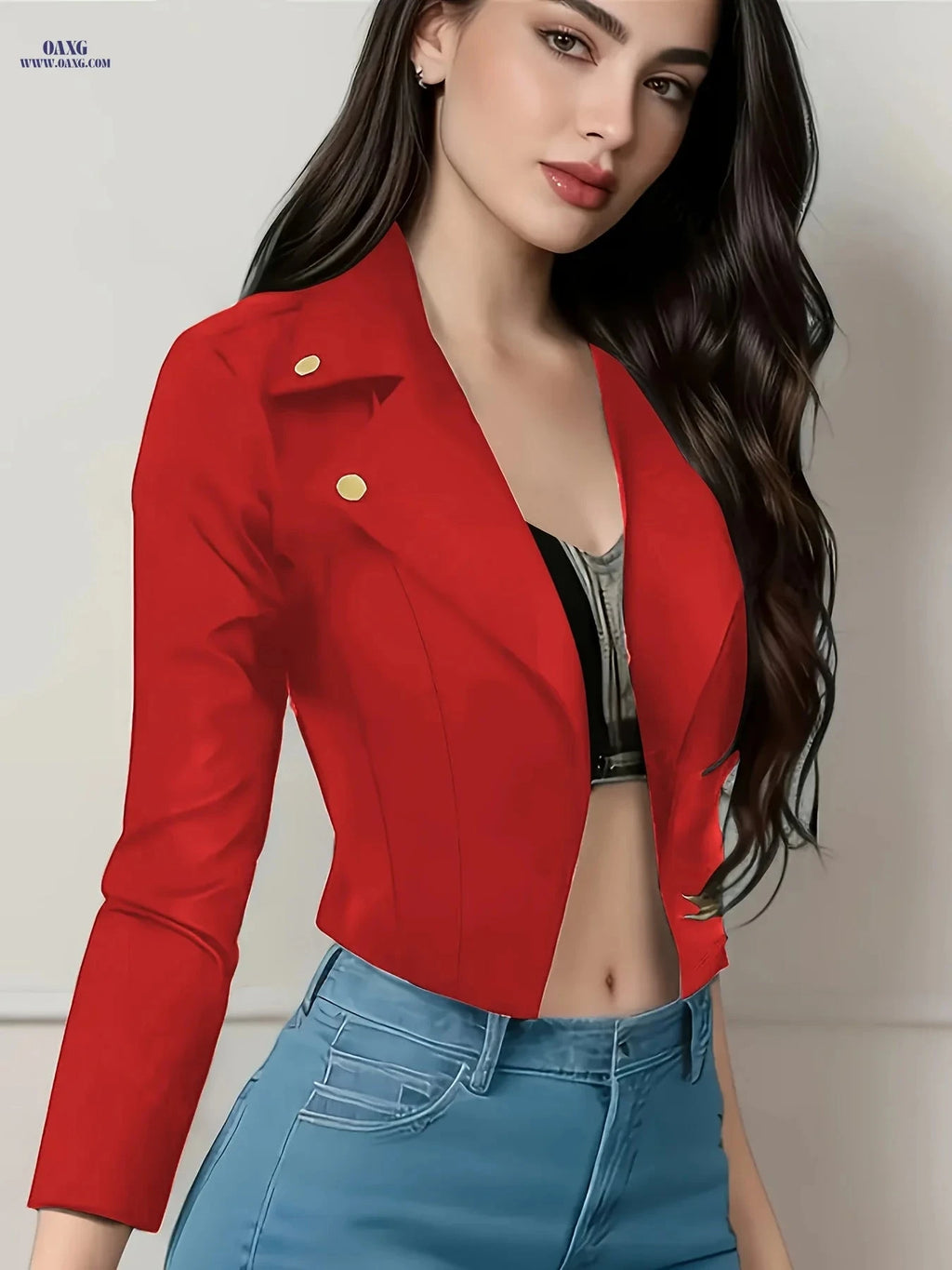 Casual Solid Color Blazer for Women - Long Sleeve Spring/Fall Style   OAXG Red / S