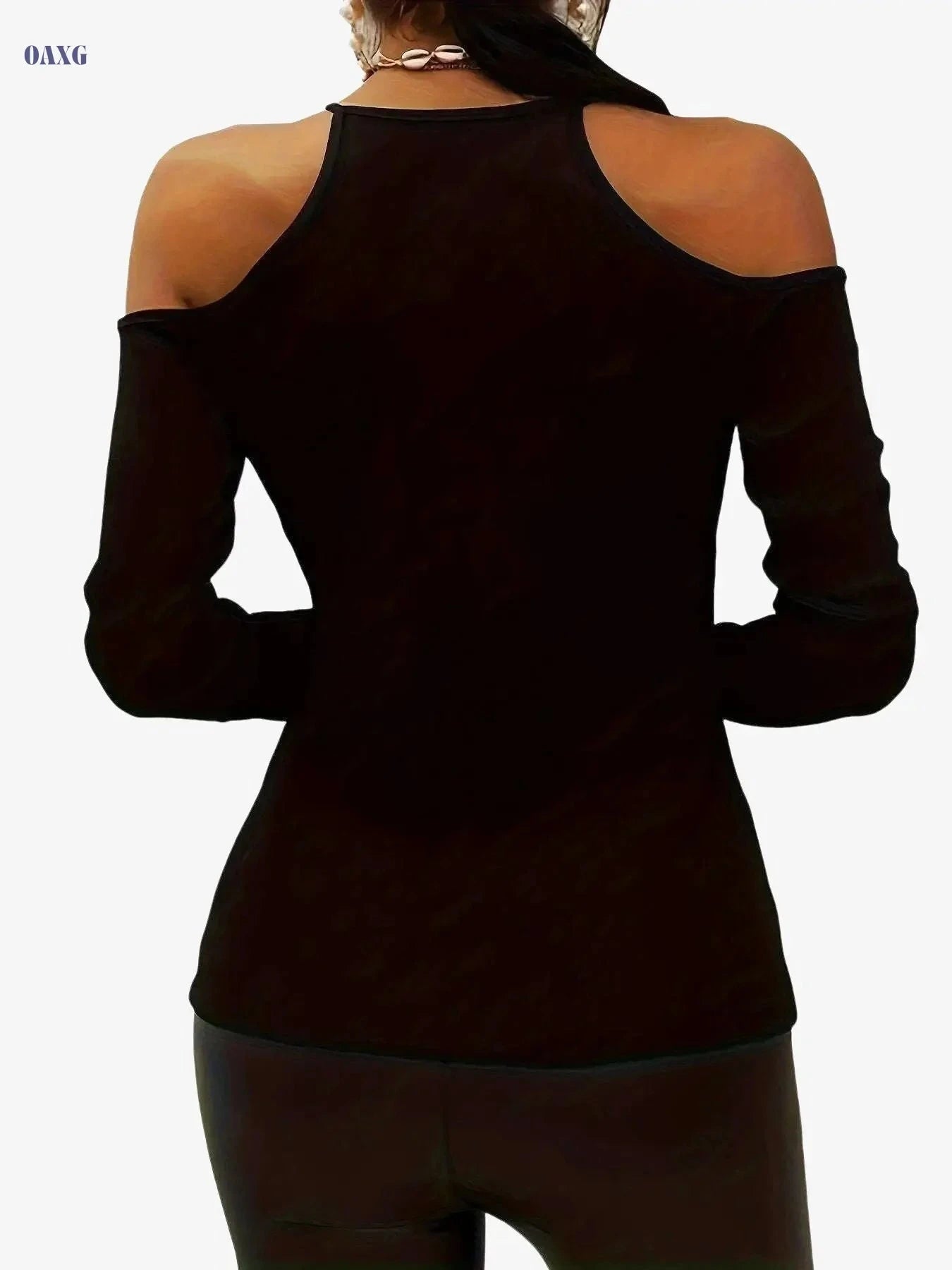 Casual Solid Color Cold Shoulder V-Neck T-Shirt - Spring/Fall Style   OAXG 