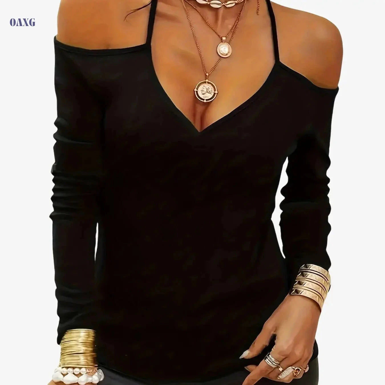 Casual Solid Color Cold Shoulder V-Neck T-Shirt - Spring/Fall Style   OAXG 