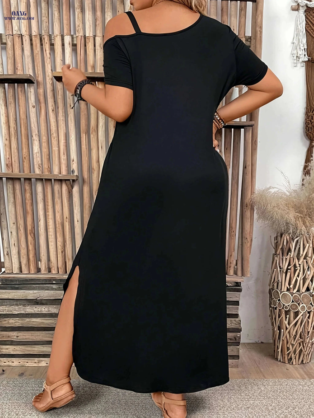 Casual Solid Color Long Dress - One-Shoulder Strap, Fitted Style   OAXG Black / S
