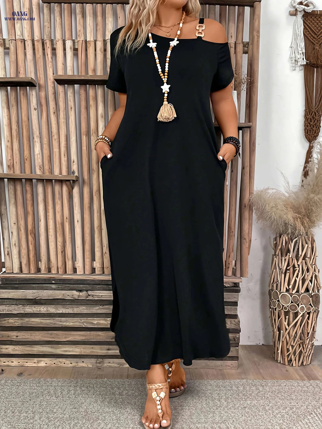 Casual Solid Color Long Dress - One-Shoulder Strap, Fitted Style   OAXG 