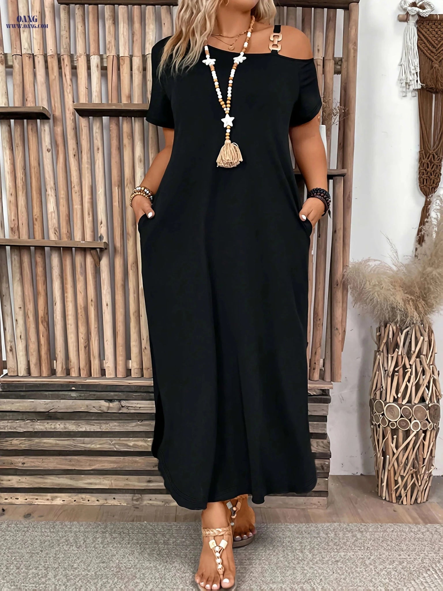 Casual Solid Color Long Dress - One-Shoulder Strap, Fitted Style   OAXG 