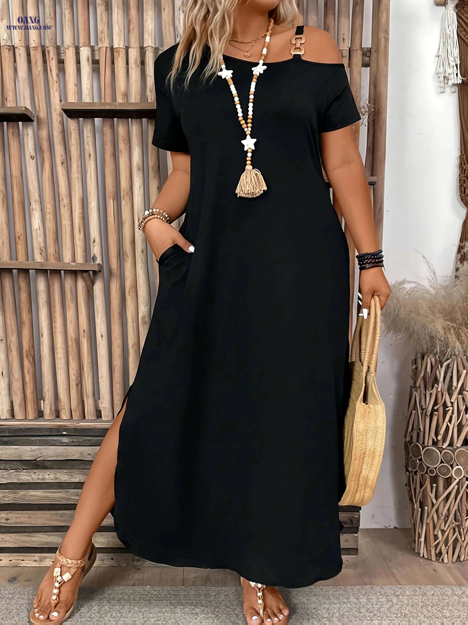 Casual Solid Color Long Dress - One-Shoulder Strap, Fitted Style   OAXG 