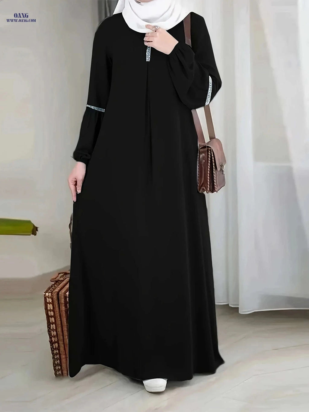 Casual Solid Color Long Sleeve Muslim Abaya – Sequined Dress   OAXG 