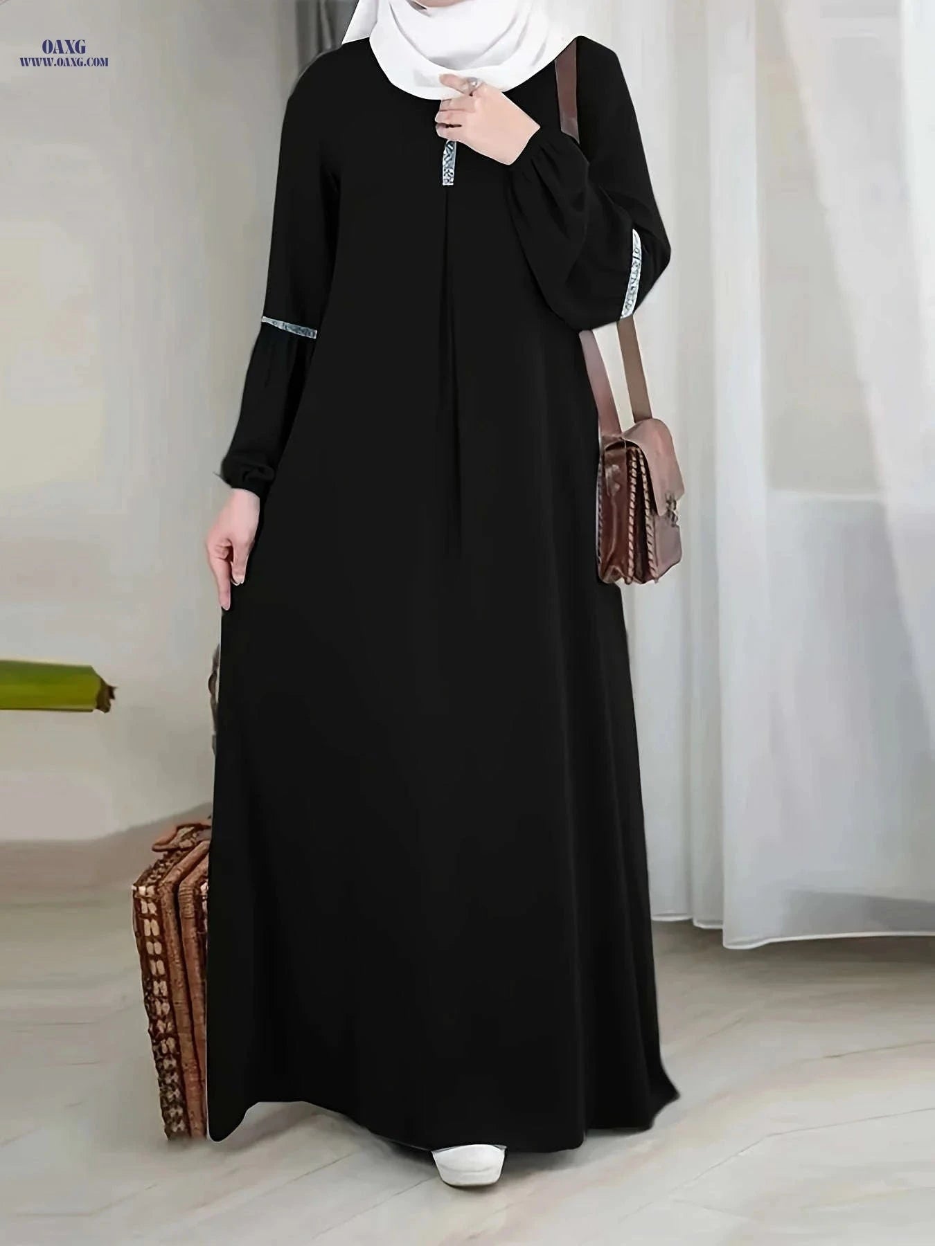 Casual Solid Color Long Sleeve Muslim Abaya – Sequined Dress   OAXG 
