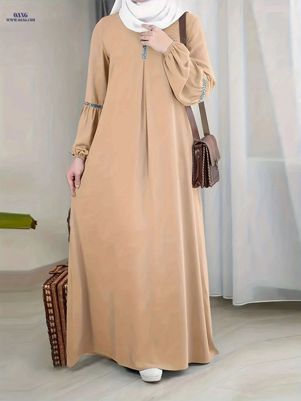Casual Solid Color Long Sleeve Muslim Abaya – Sequined Dress   OAXG 