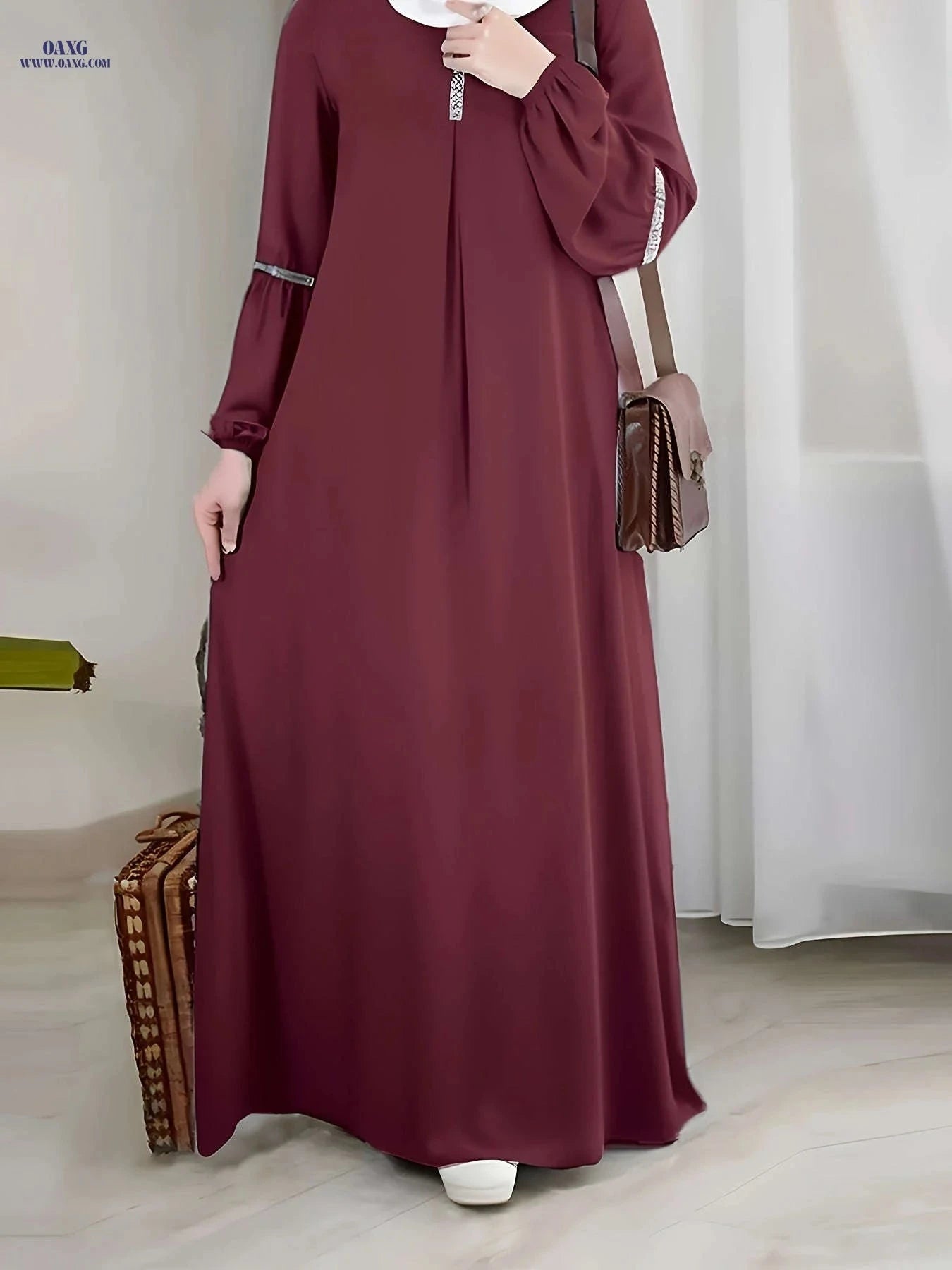 Casual Solid Color Long Sleeve Muslim Abaya – Sequined Dress   OAXG 