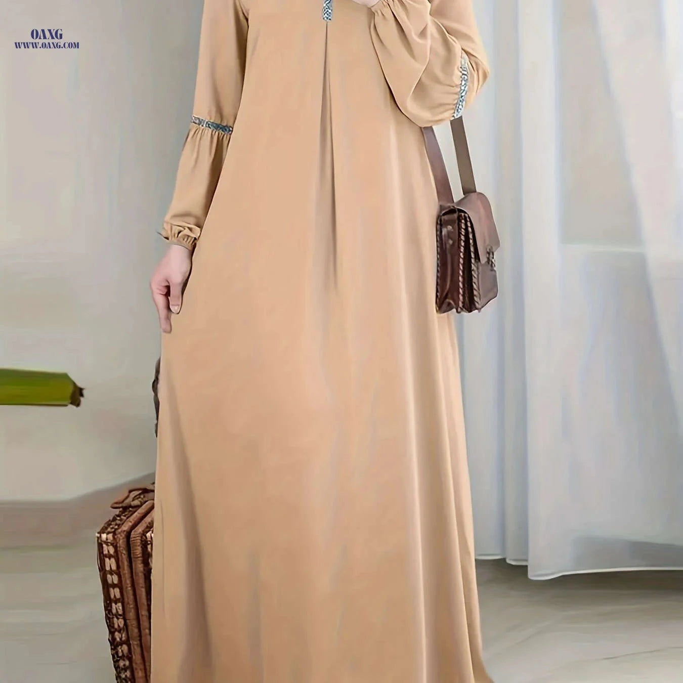 Casual Solid Color Long Sleeve Muslim Abaya – Sequined Dress   OAXG Green / S