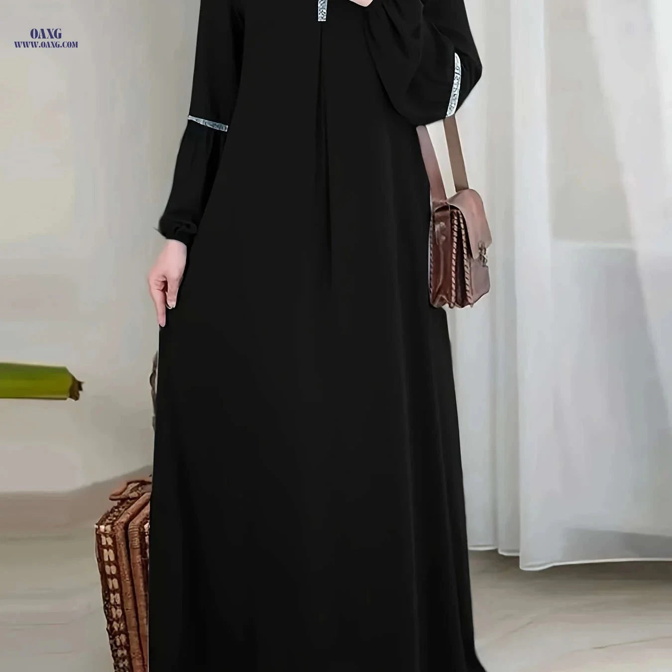 Casual Solid Color Long Sleeve Muslim Abaya – Sequined Dress   OAXG Green / S