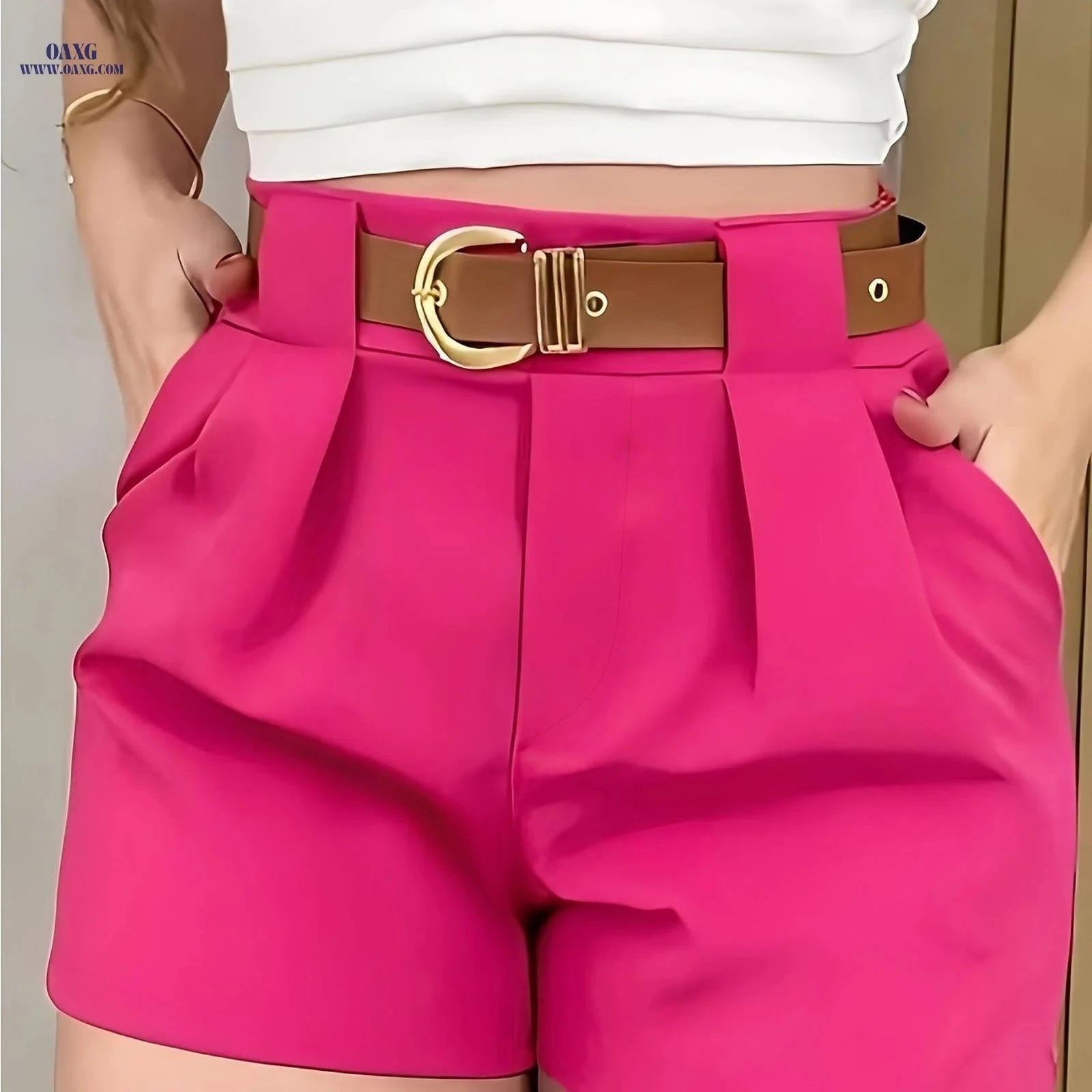 Casual Solid Color Shorts - Elegant 100% Polyester for Every Occasion   OAXG 