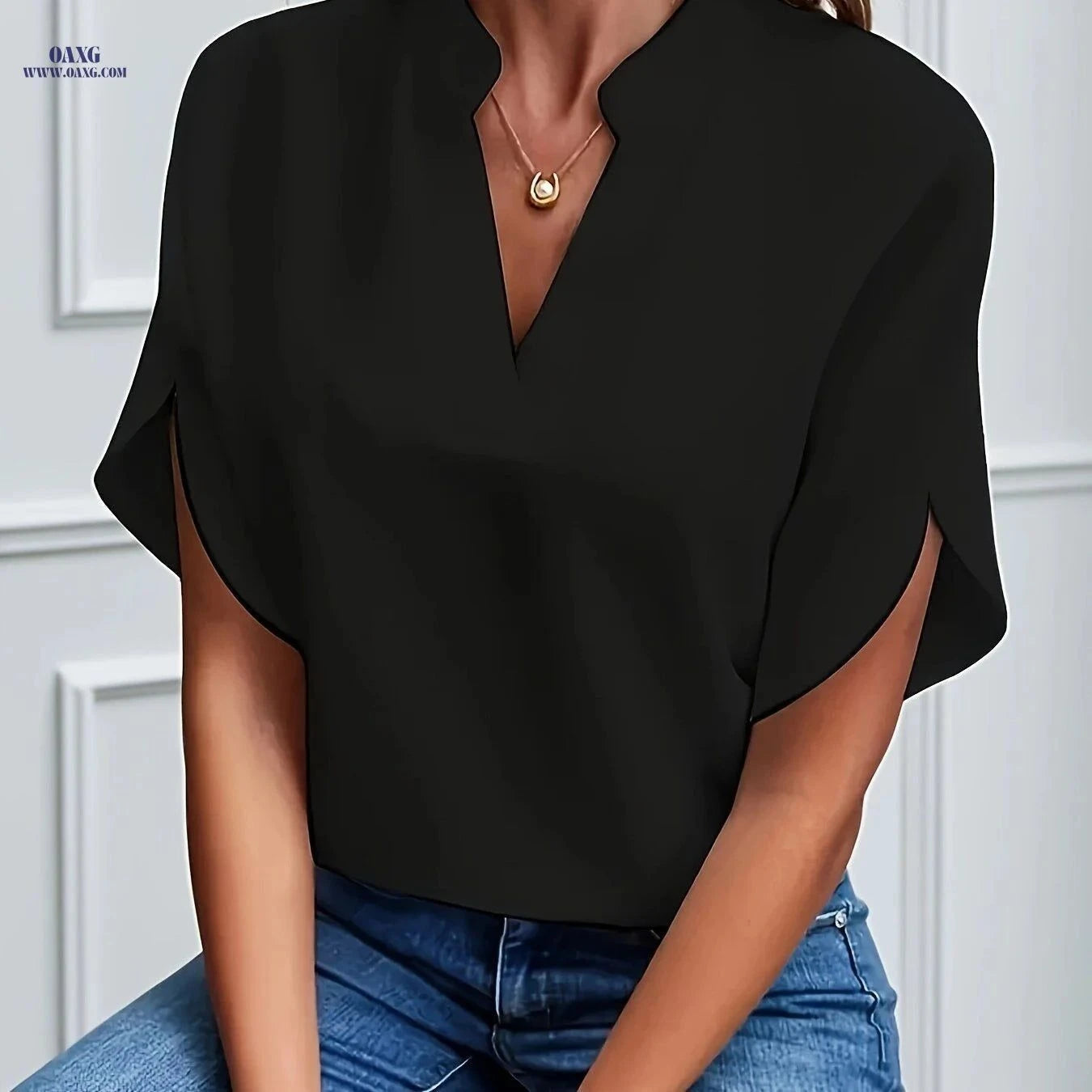 Casual Solid Color V-Neck Blouse - Spring Autumn Chic Shirt   OAXG Deep Red / S
