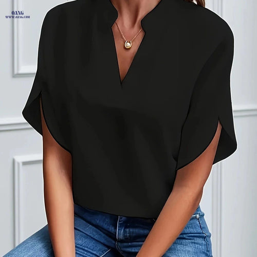 Casual Solid Color V-Neck Blouse - Spring Autumn Chic Shirt   OAXG Deep Red / S