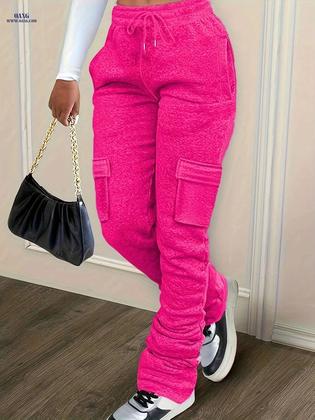 Casual Solid Long Drawstring Draped Pants with Pockets for Women   OAXG Light Grey / S