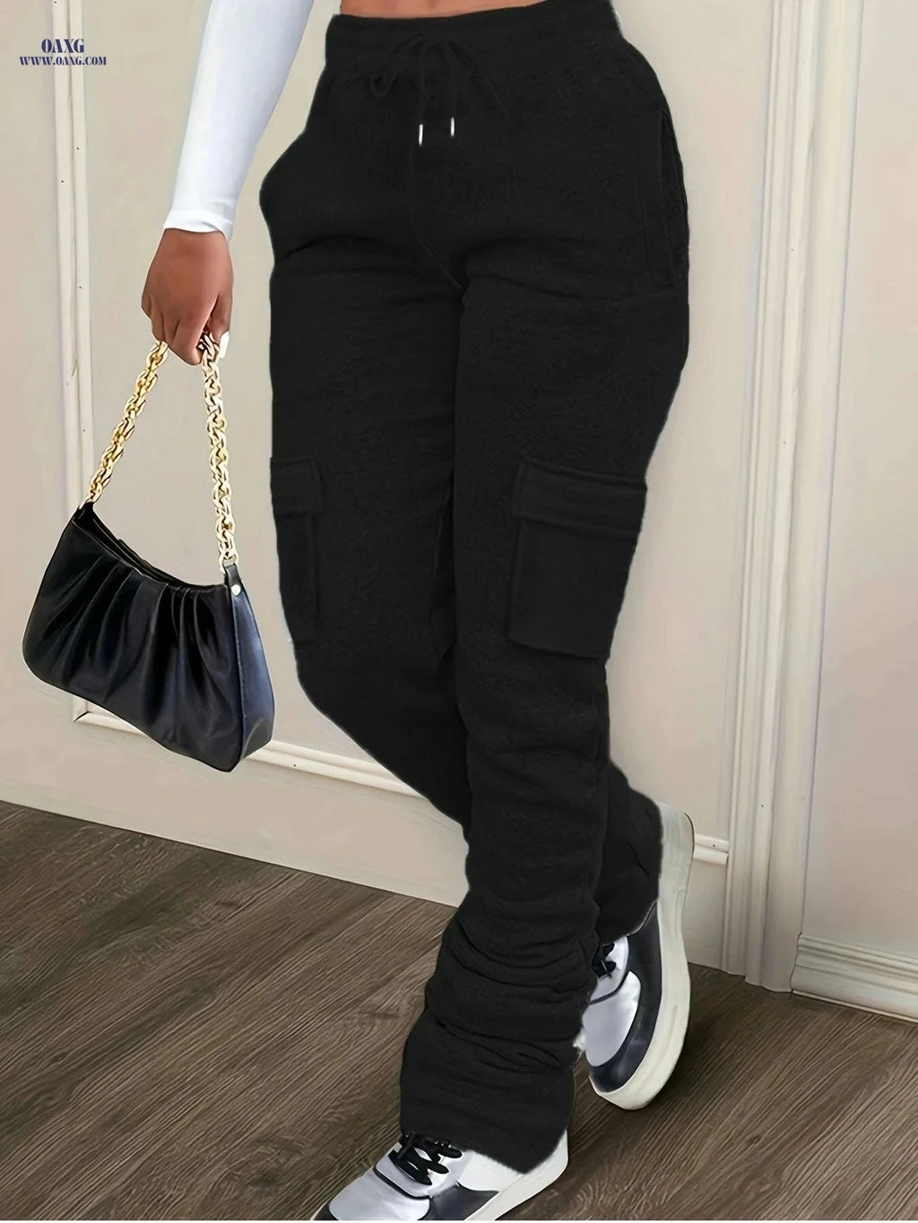 Casual Solid Long Drawstring Draped Pants with Pockets for Women   OAXG Light Grey / S