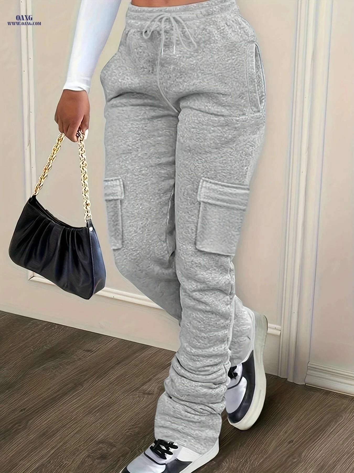 Casual Solid Long Drawstring Draped Pants with Pockets for Women   OAXG Light Grey / S