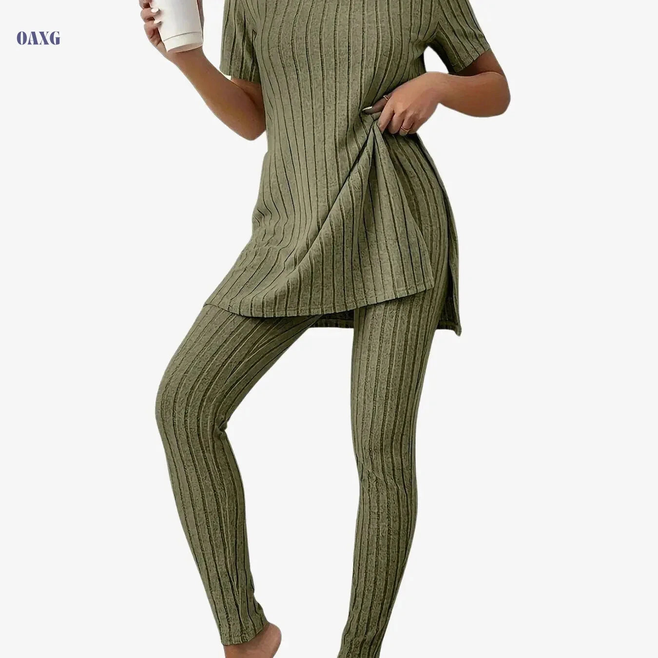 Casual Solid Ribbed Two-Piece Set - Long Sleeve T-Shirt & Pants   OAXG 