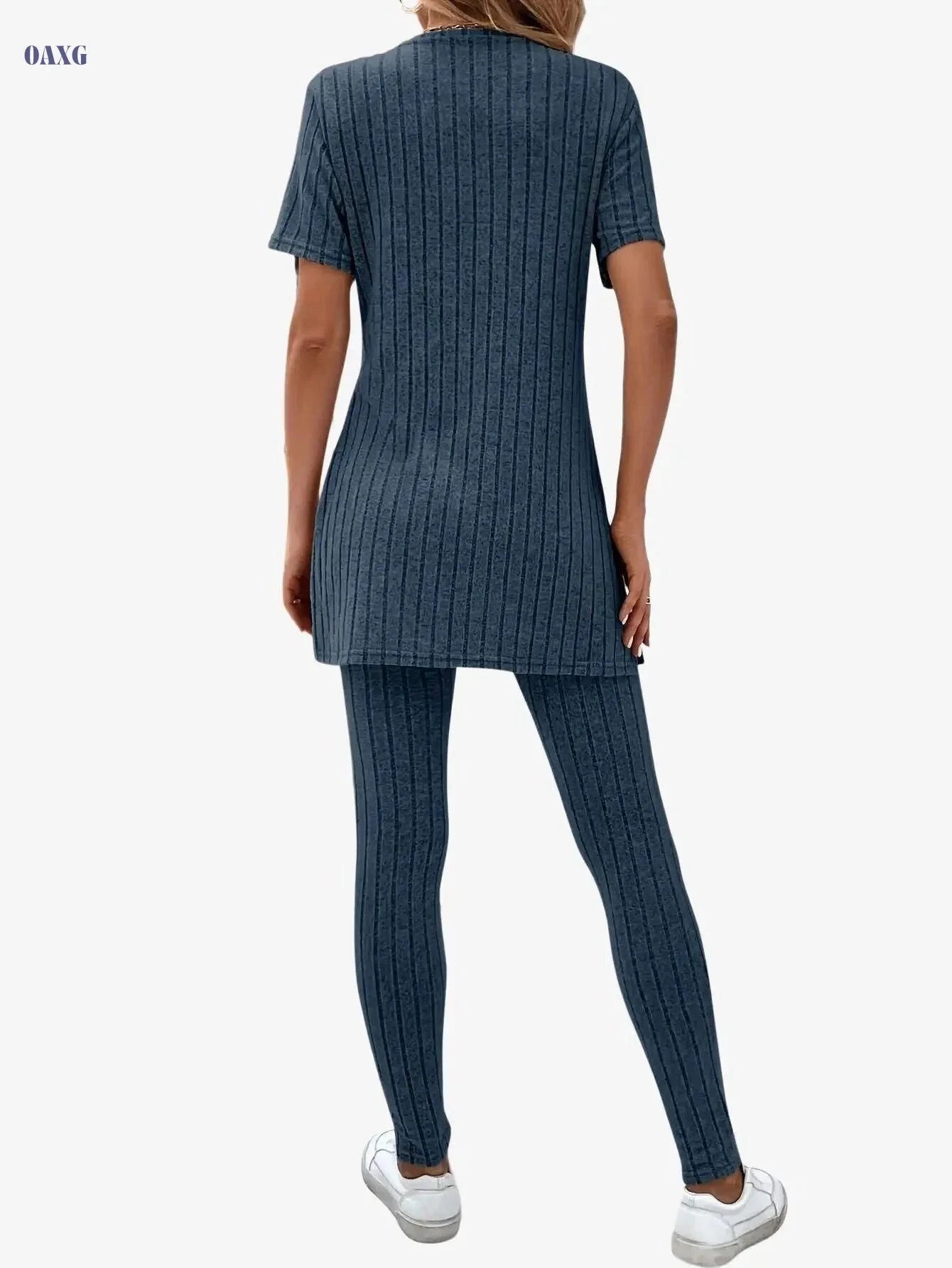 Casual Solid Ribbed Two-Piece Set - Long Sleeve T-Shirt & Pants   OAXG 