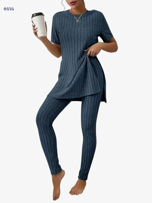 Casual Solid Ribbed Two-Piece Set - Long Sleeve T-Shirt & Pants   OAXG 