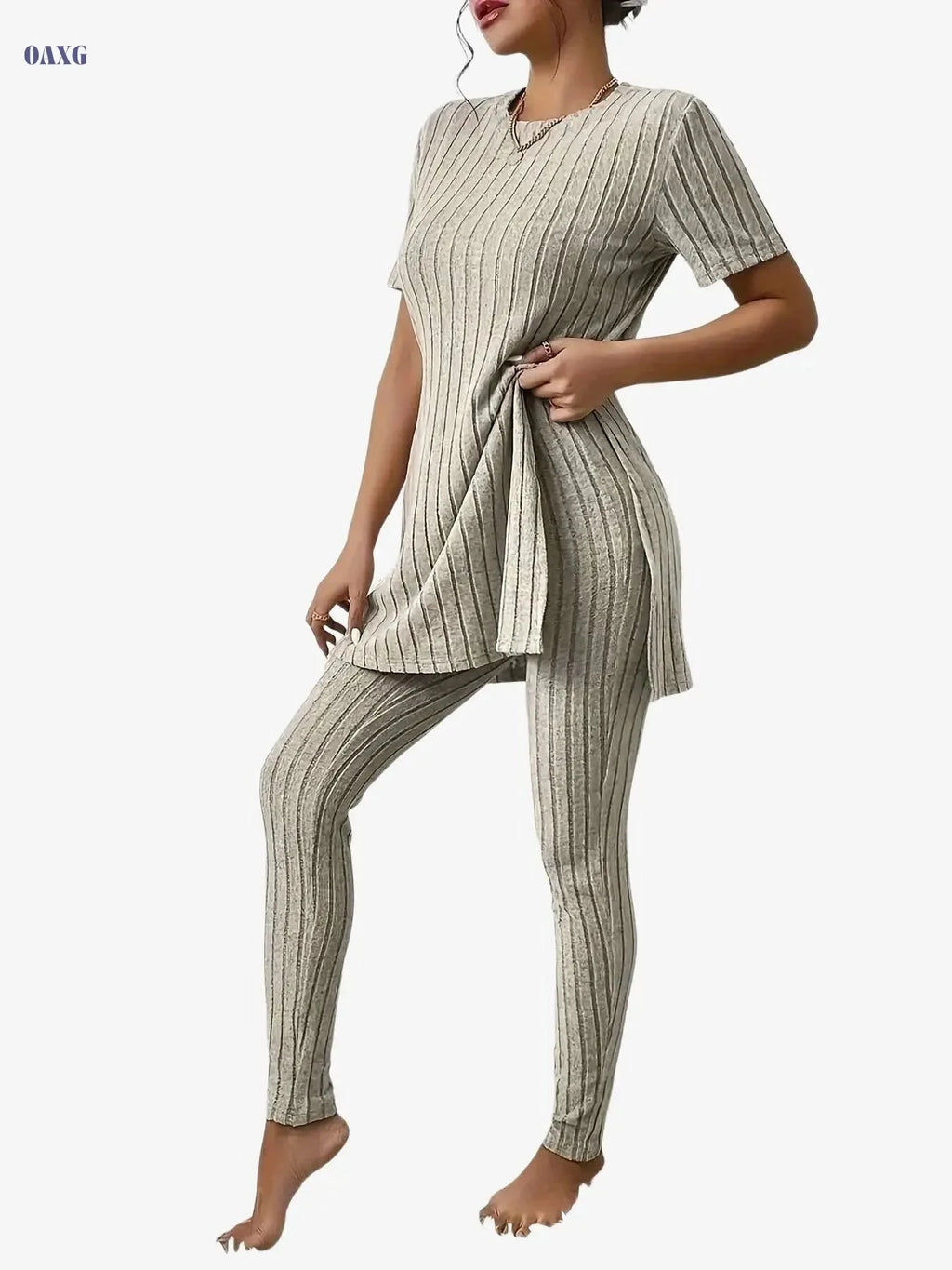 Casual Solid Ribbed Two-Piece Set - Long Sleeve T-Shirt & Pants   OAXG 