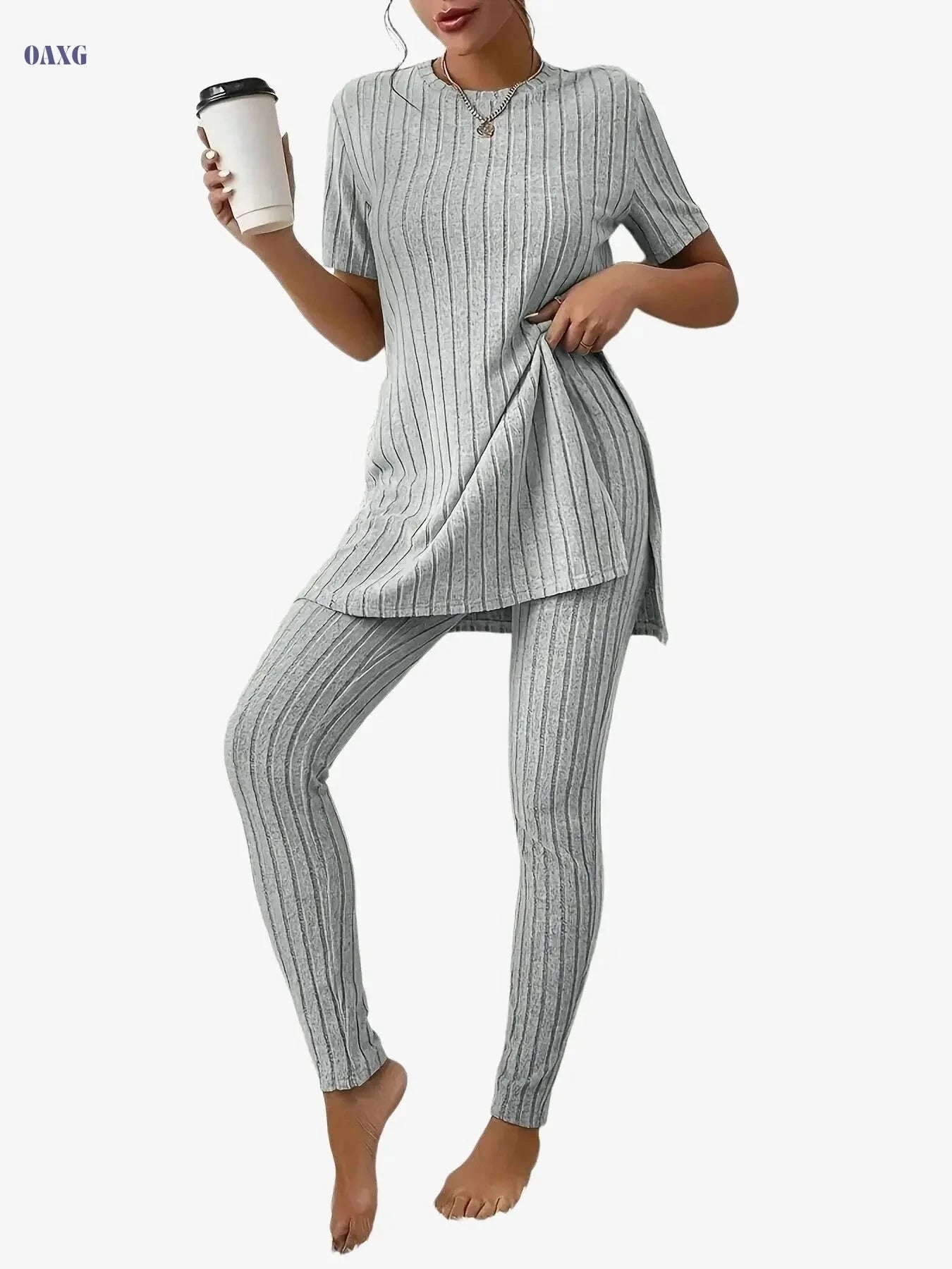 Casual Solid Ribbed Two-Piece Set - Long Sleeve T-Shirt & Pants   OAXG Navy blue color / S