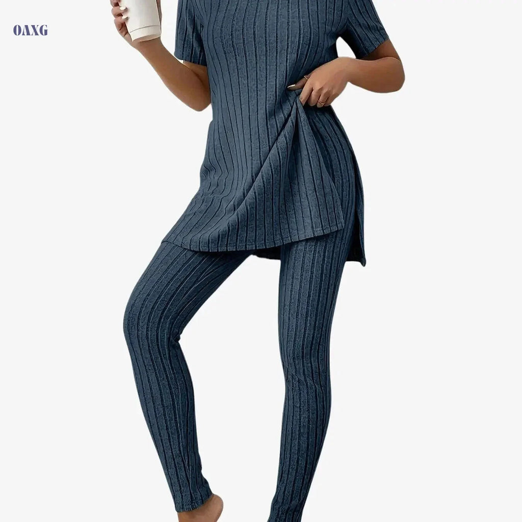 Casual Solid Ribbed Two-Piece Set - Long Sleeve T-Shirt & Pants   OAXG Navy blue color / S