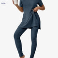 Casual Solid Ribbed Two-Piece Set - Long Sleeve T-Shirt & Pants   OAXG Navy blue color / S
