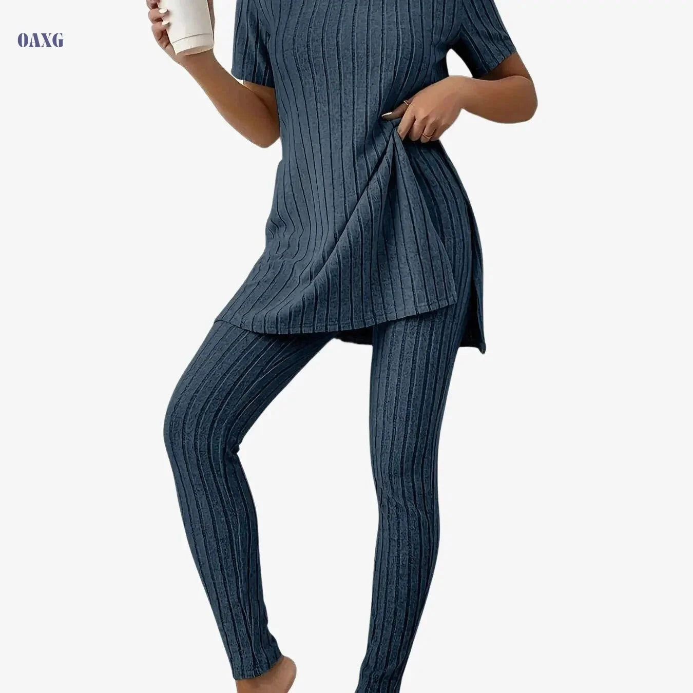 Casual Solid Ribbed Two-Piece Set - Long Sleeve T-Shirt & Pants   OAXG Navy blue color / S