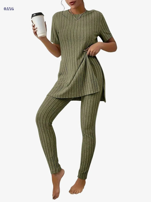 Casual Solid Ribbed Two-Piece Set - Long Sleeve T-Shirt & Pants   OAXG 
