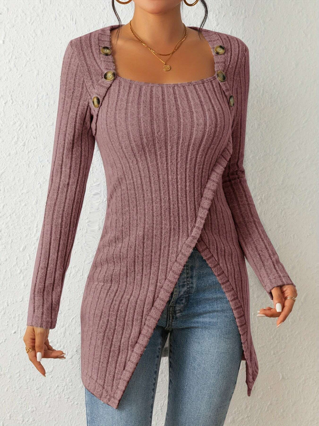 Casual Square Neck Slim Fit T-Shirt - Button Decor & Slit Hem   OAXG 