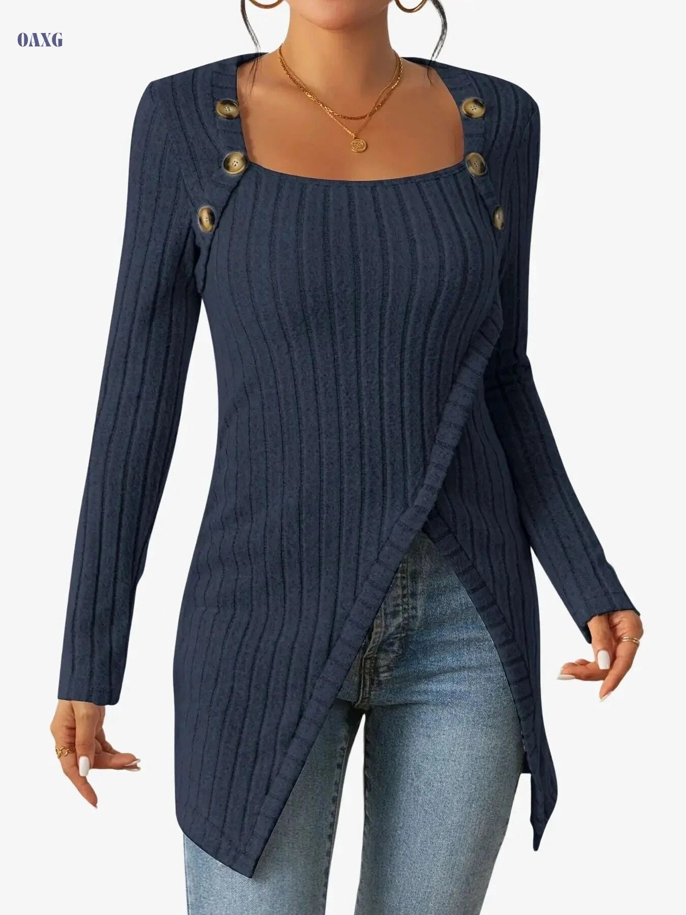 Casual Square Neck Slim Fit T-Shirt - Button Decor & Slit Hem   OAXG 