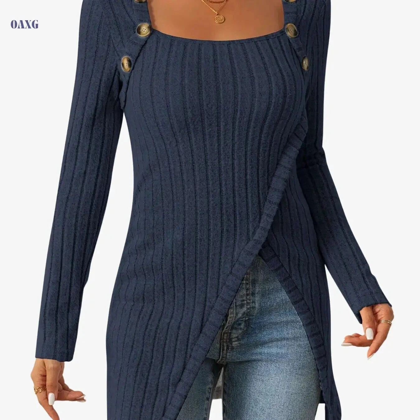 Casual Square Neck Slim Fit T-Shirt - Button Decor & Slit Hem   OAXG 