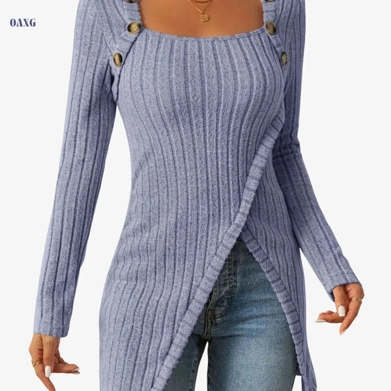Casual Square Neck Slim Fit T-Shirt - Button Decor & Slit Hem   OAXG 