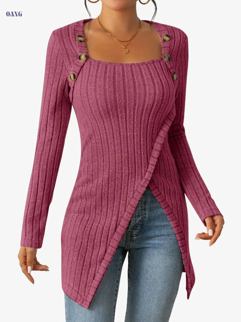 Casual Square Neck Slim Fit T-Shirt - Button Decor & Slit Hem   OAXG 