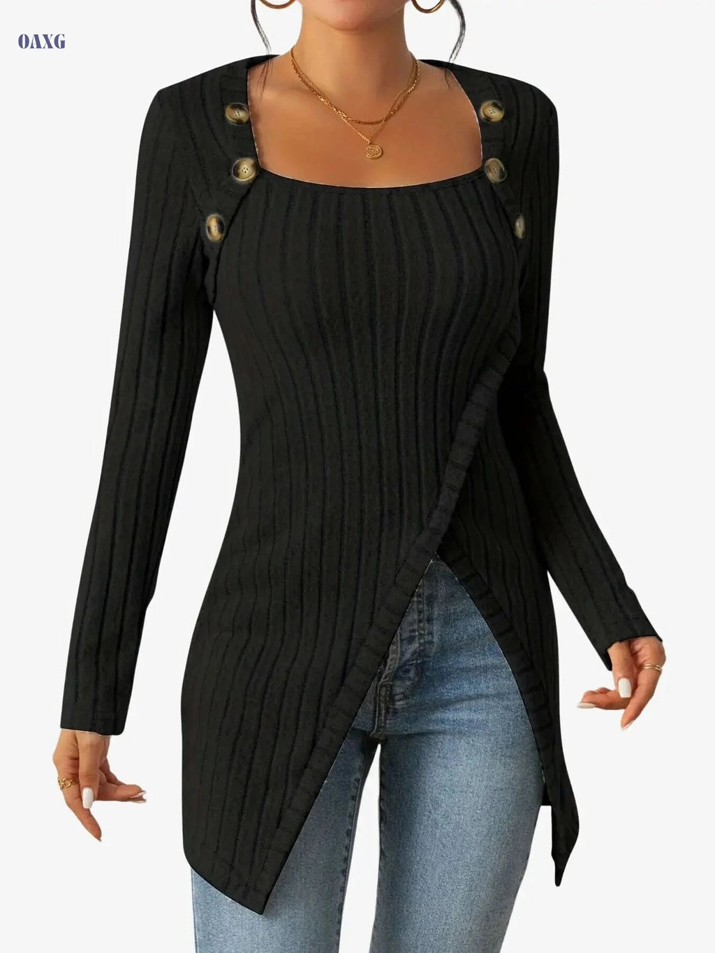 Casual Square Neck Slim Fit T-Shirt - Button Decor & Slit Hem   OAXG Black / S
