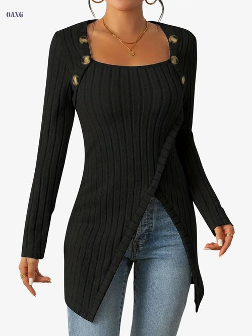 Casual Square Neck Slim Fit T-Shirt - Button Decor & Slit Hem   OAXG Black / S