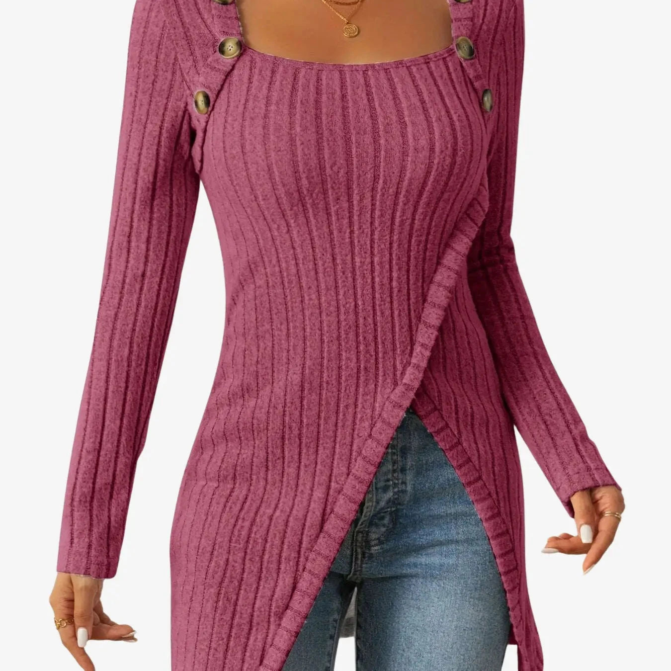 Casual Square Neck Slim Fit T-Shirt - Button Decor & Slit Hem   OAXG Black / S