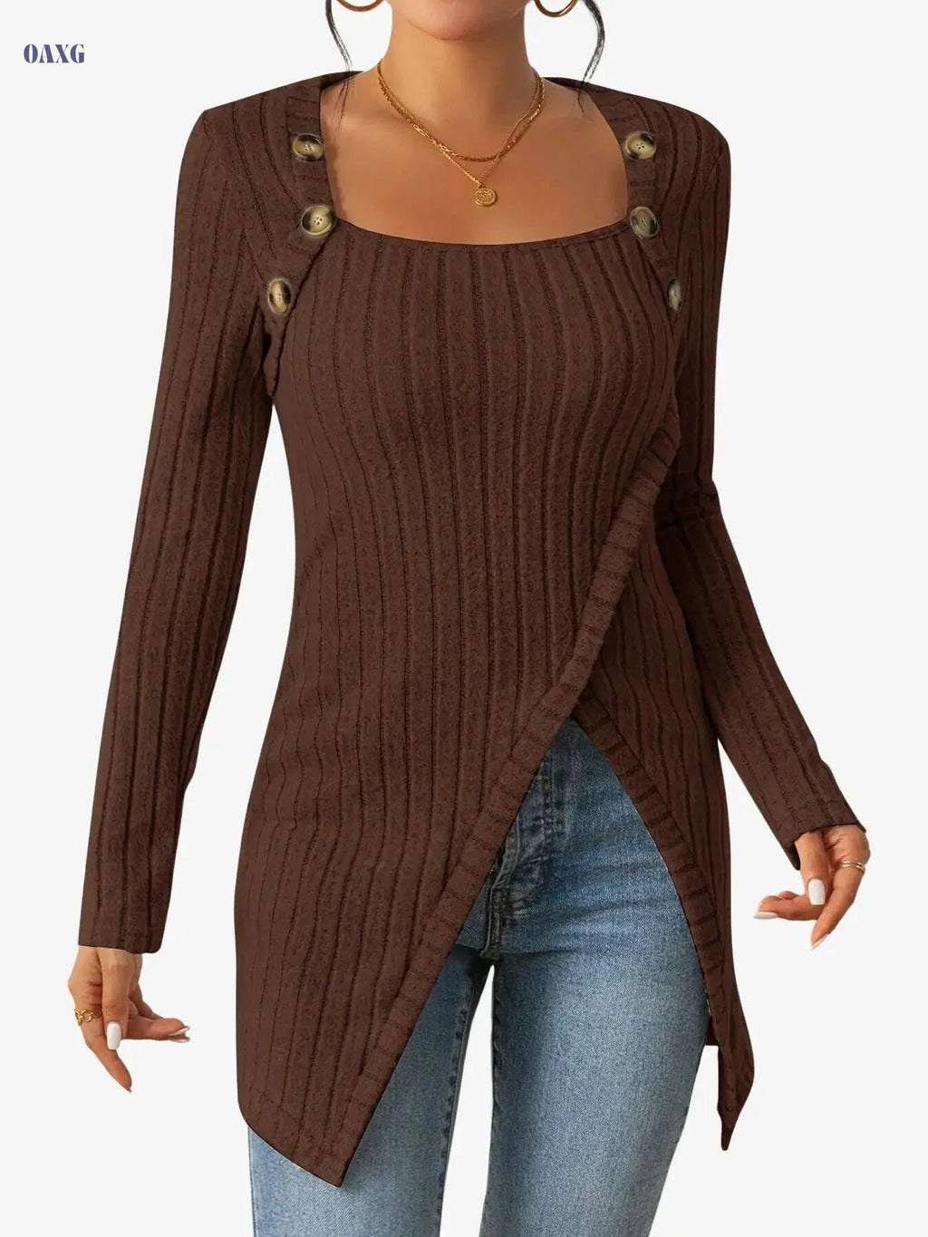 Casual Square Neck Slim Fit T-Shirt - Button Decor & Slit Hem   OAXG Black / S