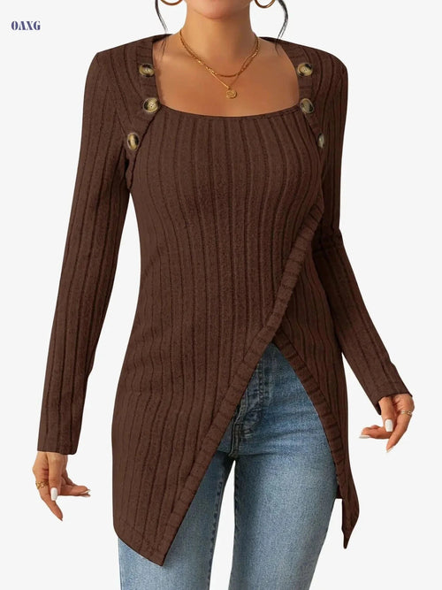 Casual Square Neck Slim Fit T-Shirt - Button Decor & Slit Hem   OAXG Black / S
