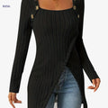 Casual Square Neck Slim Fit T-Shirt - Button Decor & Slit Hem   OAXG Black / S