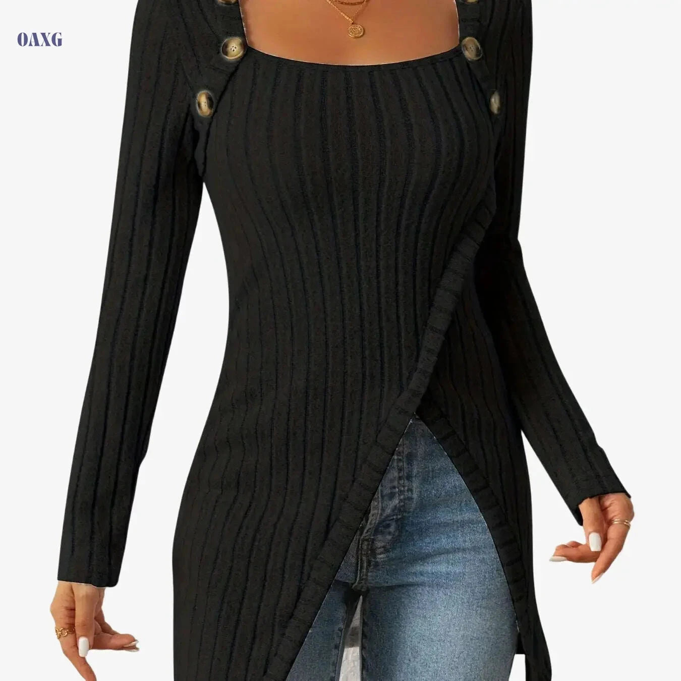 Casual Square Neck Slim Fit T-Shirt - Button Decor & Slit Hem   OAXG Black / S