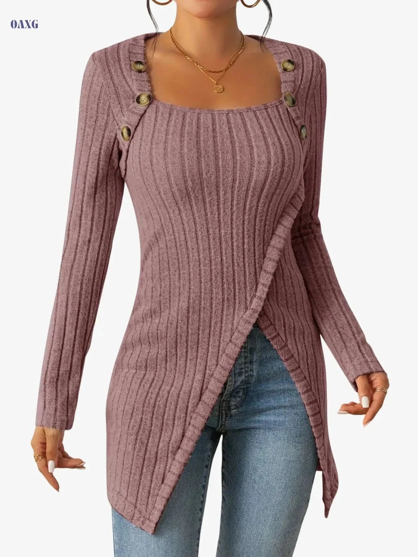 Casual Square Neck Slim Fit T-Shirt - Button Decor & Slit Hem   OAXG 