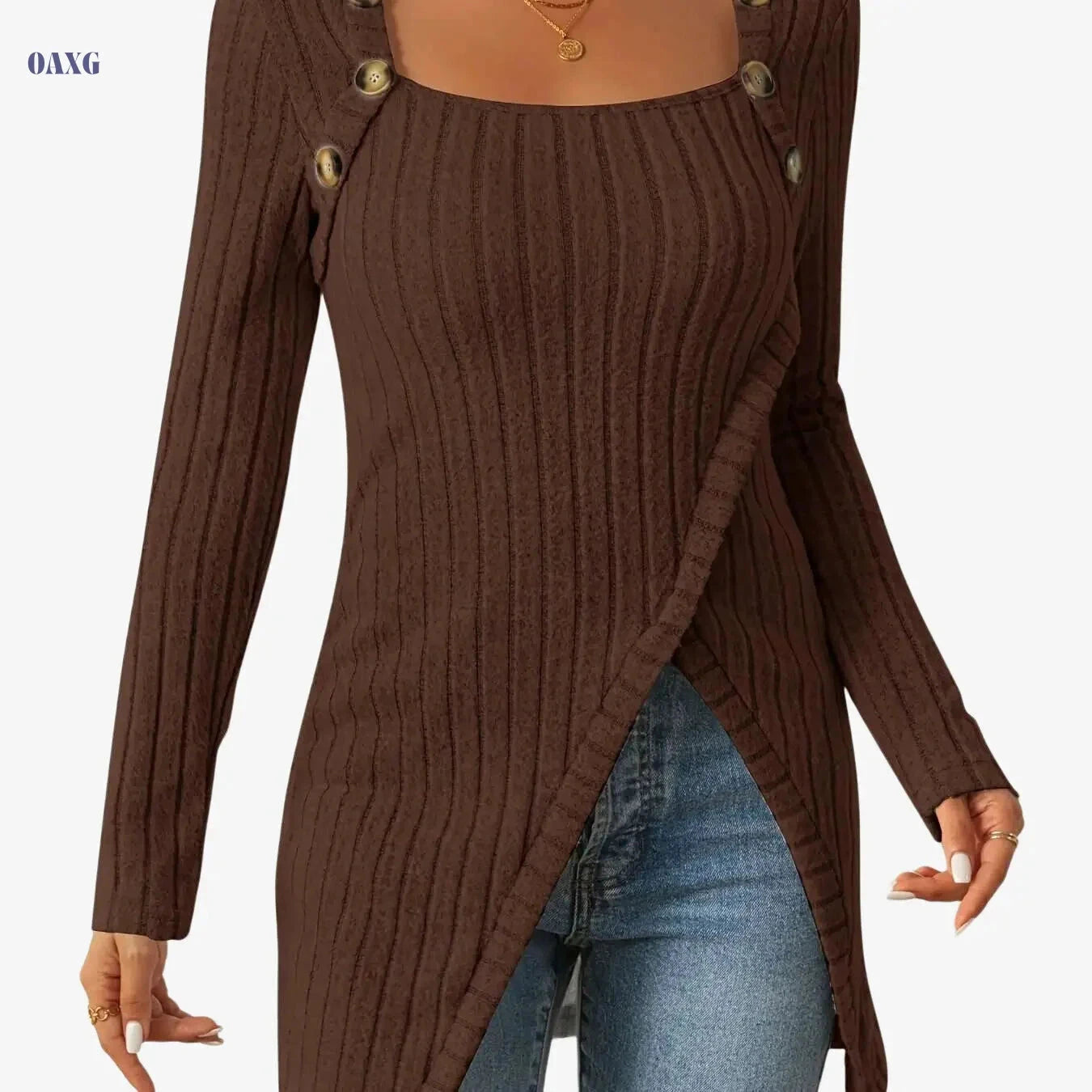 Casual Square Neck Slim Fit T-Shirt - Button Decor & Slit Hem   OAXG 