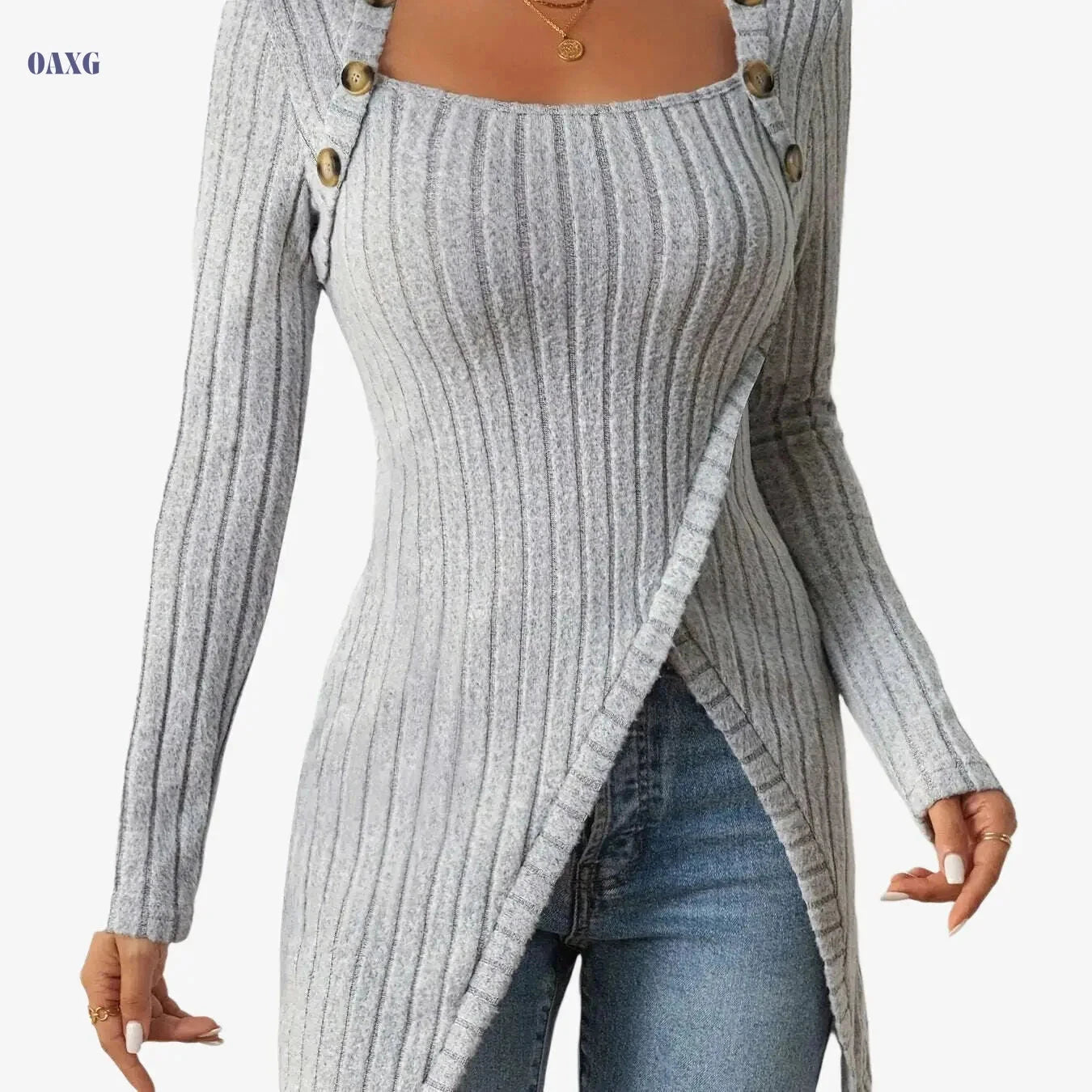 Casual Square Neck Slim Fit T-Shirt - Button Decor & Slit Hem   OAXG 
