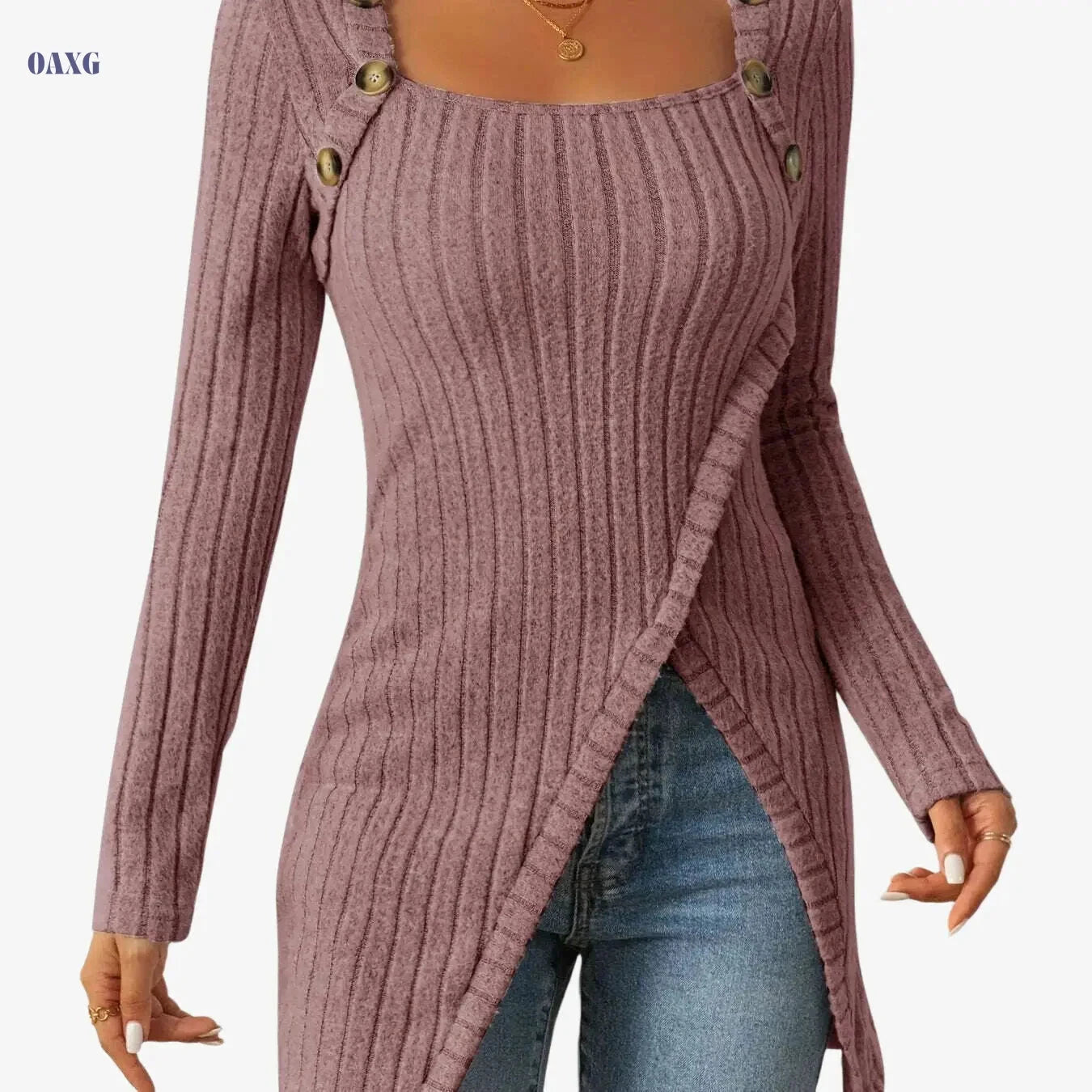 Casual Square Neck Slim Fit T-Shirt - Button Decor & Slit Hem   OAXG 