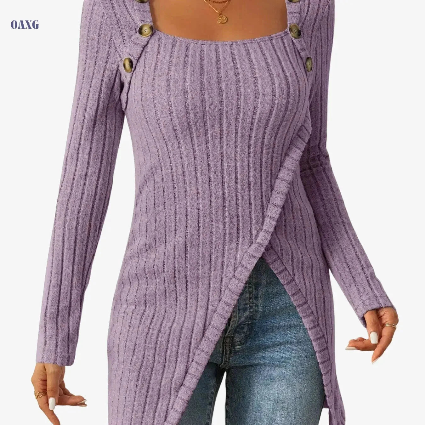 Casual Square Neck Slim Fit T-Shirt - Button Decor & Slit Hem   OAXG 
