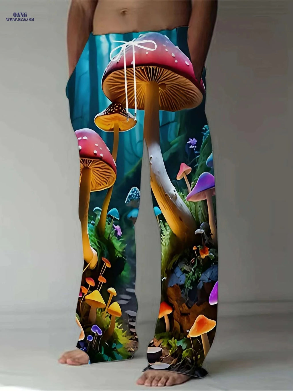 Casual Straight Leg Pants - Vibrant Mushroom Forest 3D Print, Loose Fit   OAXG 